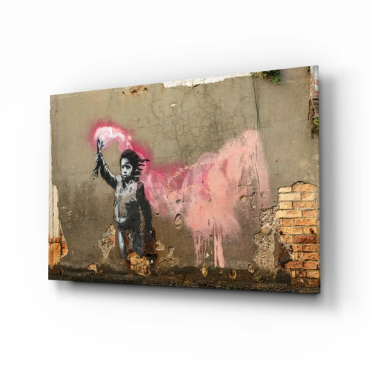 Banksy stencil graffiti child with pink spray on weathered wall art