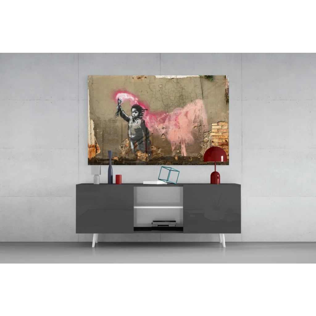 Banksy-style pink spray paint street art wall canvas print