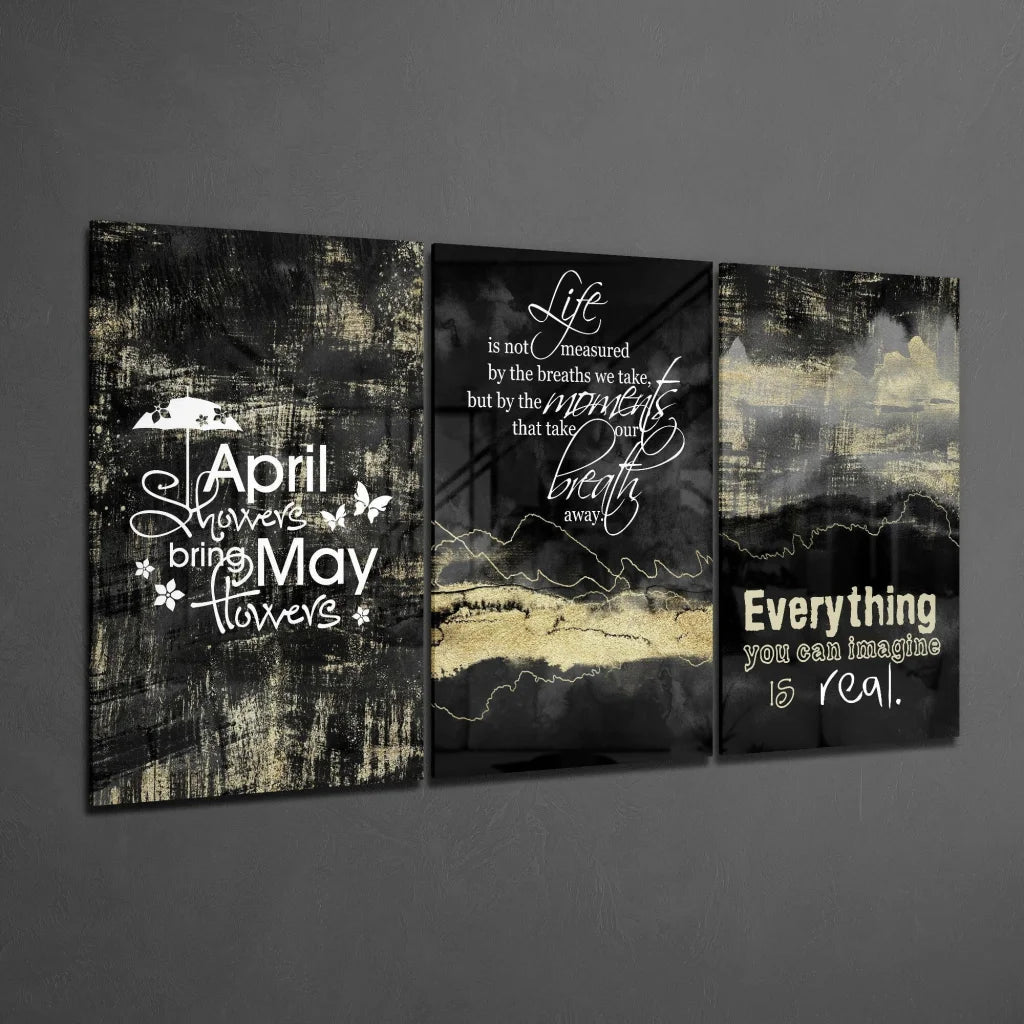 Black and gold abstract glass wall art with inspiring quotes