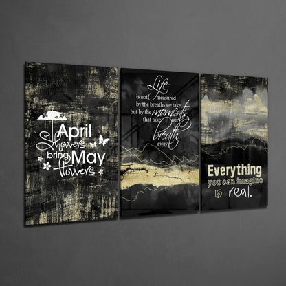 Black and gold abstract glass wall art with inspiring quotes