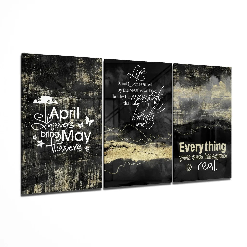Black and gold abstract glass wall art with elegant inspirational quotes