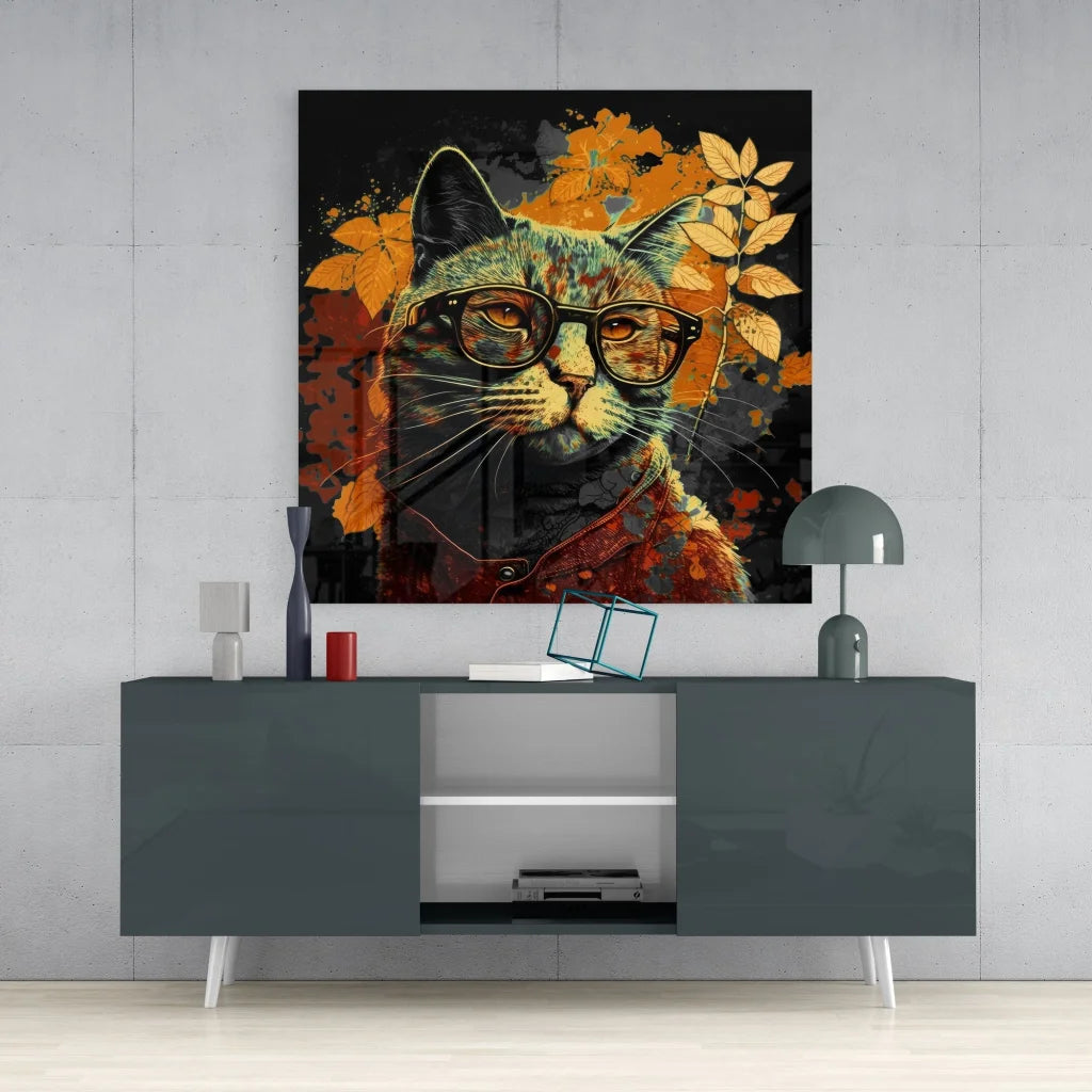 Fiery cat tempered glass art with orange autumn leaves