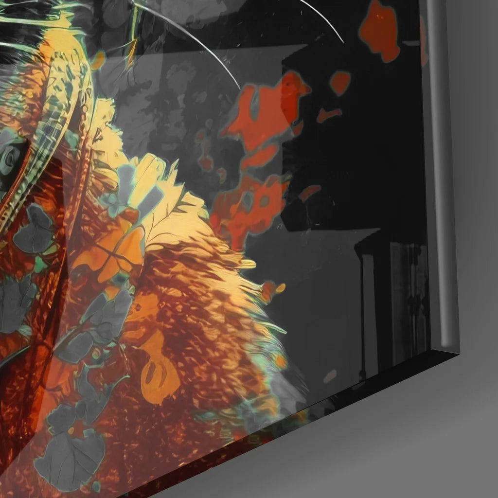 Fiery cat tempered glass art with vibrant orange splashes