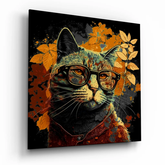 Fiery cat in glasses on tempered glass art with vibrant orange autumn leaves