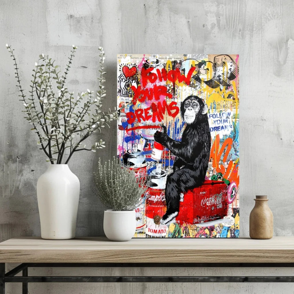 Vibrant graffiti chimp on insigne aluminum prints with follow your dreams
