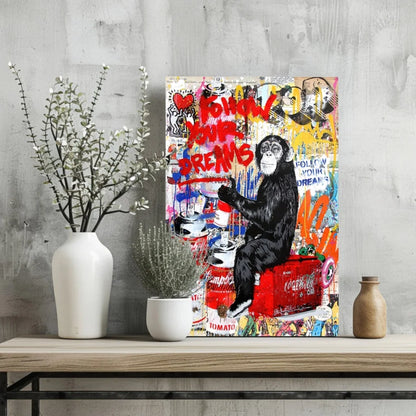 Vibrant graffiti chimp on insigne aluminum prints with follow your dreams