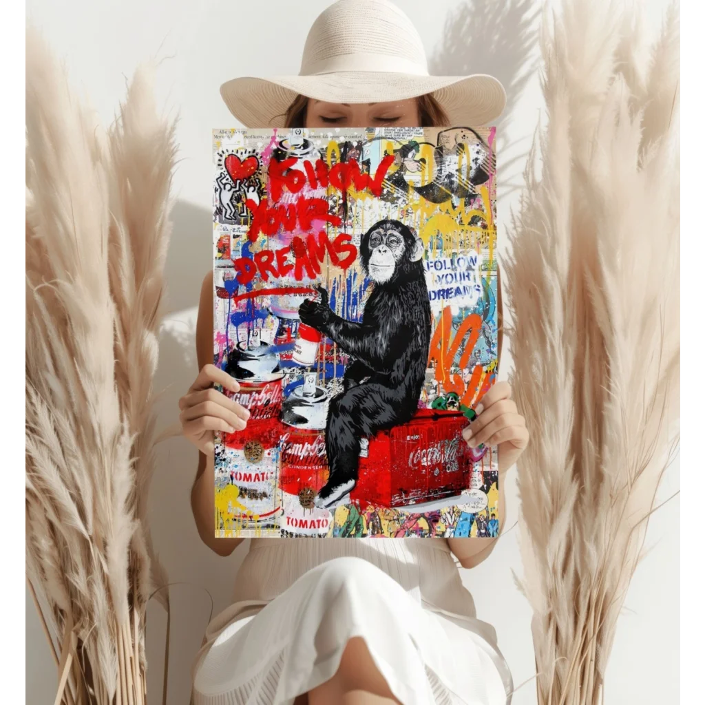 Vibrant graffiti chimp on red cans, insigne aluminum prints