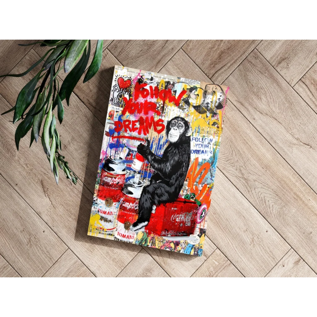 Vibrant graffiti chimp on insigne aluminum prints with red cans and splatters