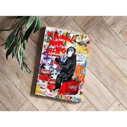Vibrant graffiti chimp on insigne aluminum prints with red cans and splatters
