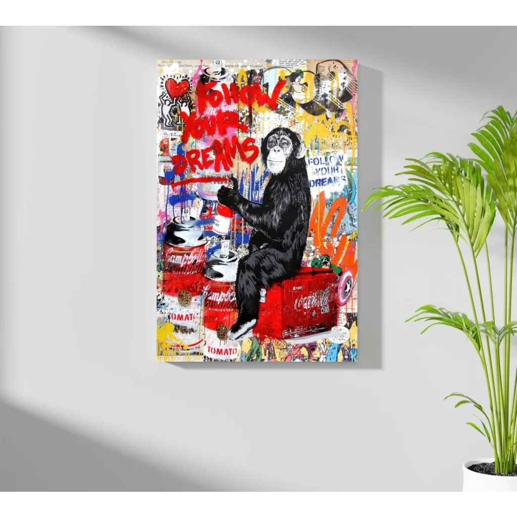 Vibrant graffiti chimp on insigne aluminum prints with Coca-Cola cans