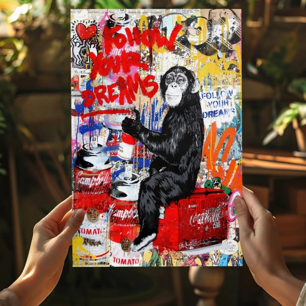 Vibrant graffiti chimp on Coca-Cola crate in insigne aluminum prints