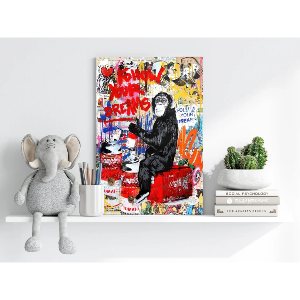 Vibrant graffiti chimp on red cans in Insigne Aluminum Prints