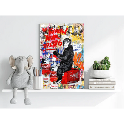 Vibrant graffiti chimp on red cans in Insigne Aluminum Prints