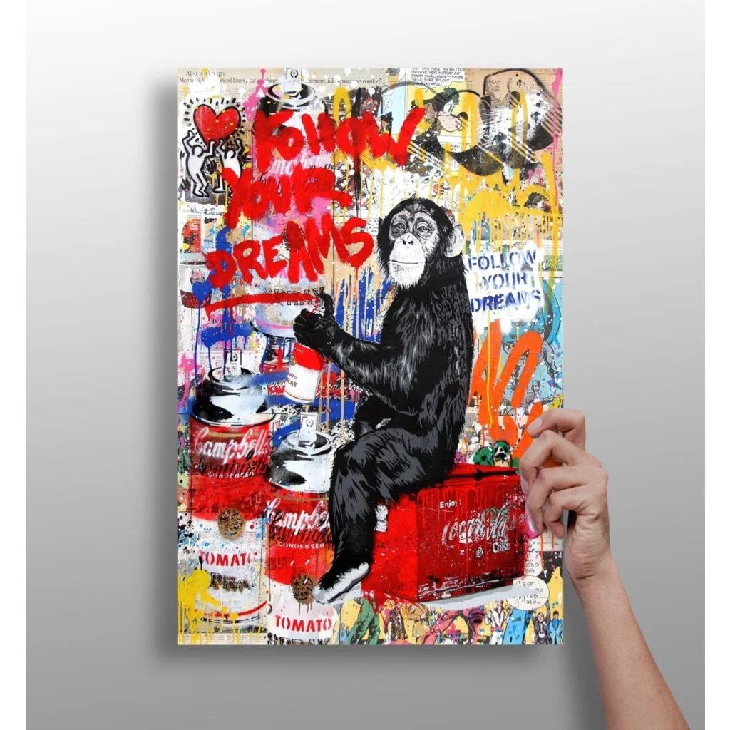 Vibrant graffiti chimp on insigne aluminum prints with soup and cola logos