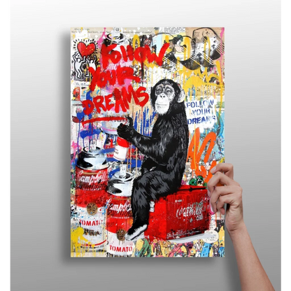 Vibrant graffiti chimp on insigne aluminum prints with soup and cola logos