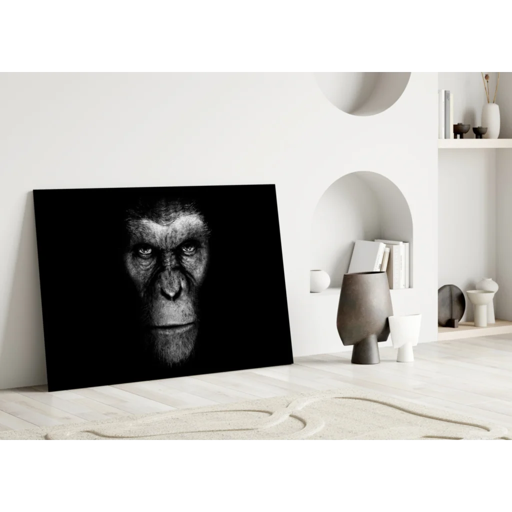 Striking black and white ape portrait canvas wall art
