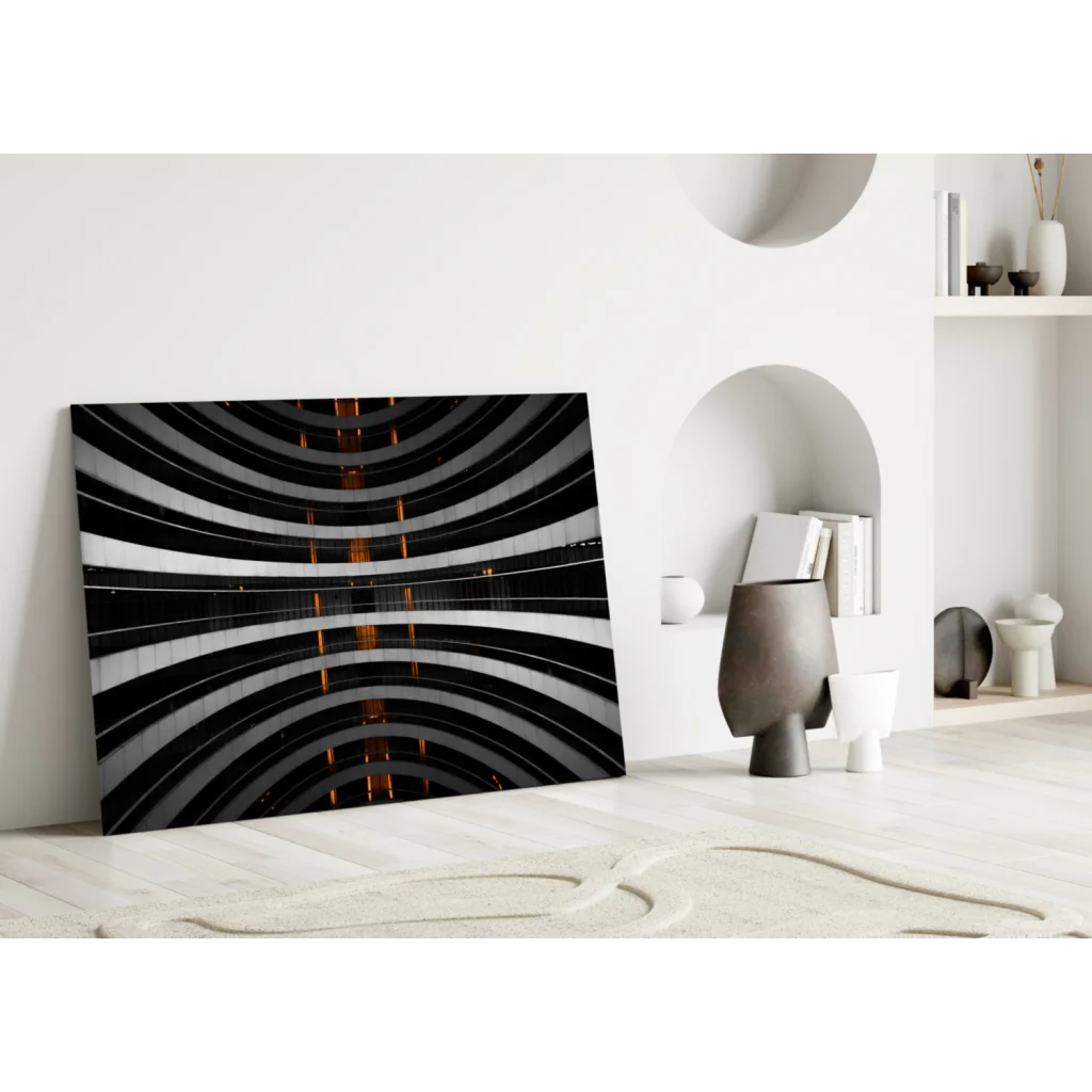 Stunning Black White Glass Wall Art with Orange Glow Accents | Modern Wall Art Decor | vintageantiquesgifts.com