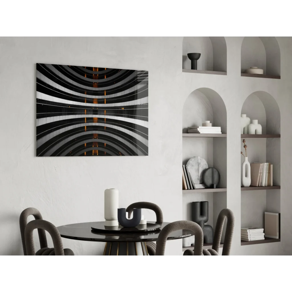 Stunning black white glass wall art with orange glow accents and curved lines