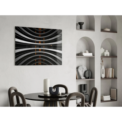 Stunning black white glass wall art with orange glow accents and curved lines