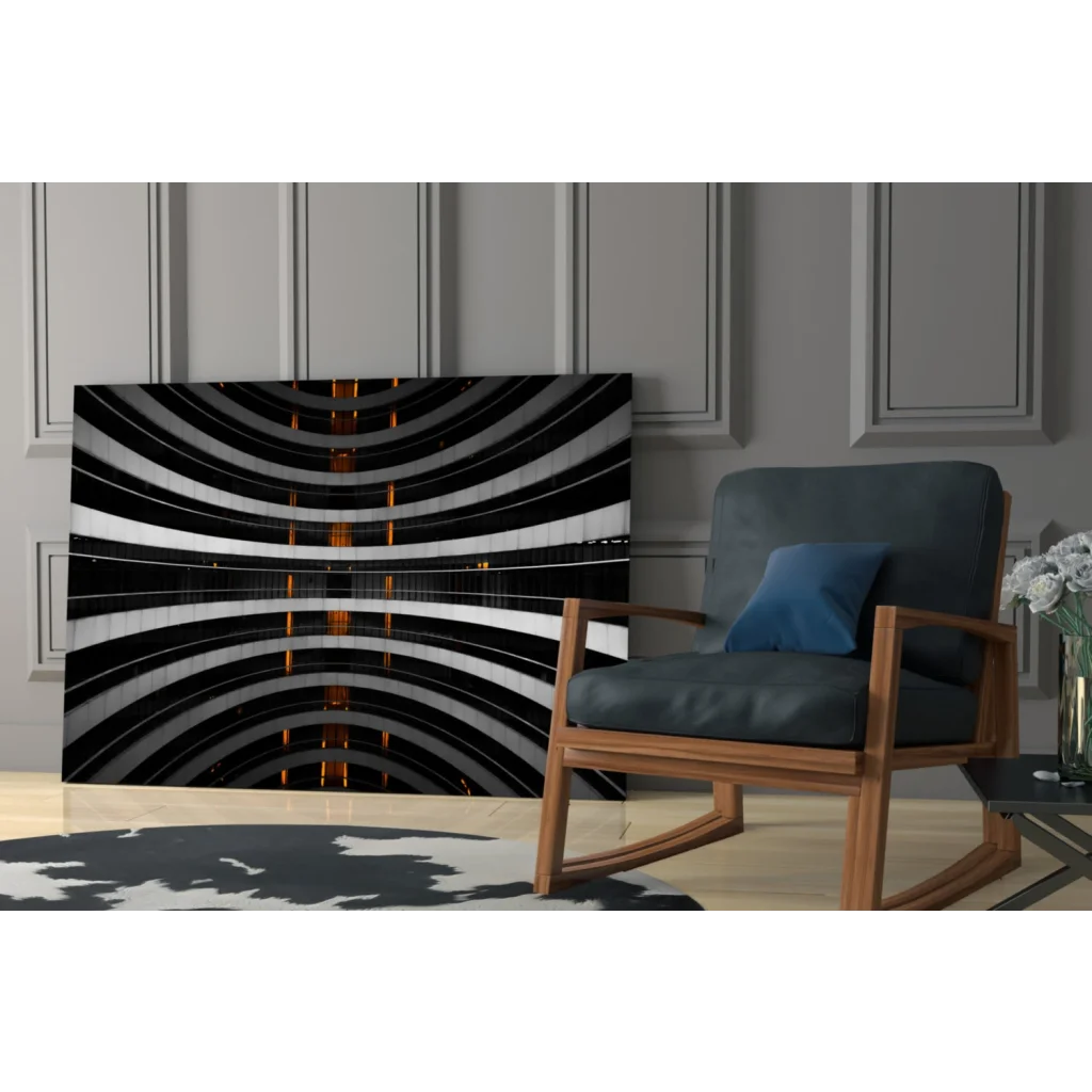 Stunning black white glass wall art with orange glow accents