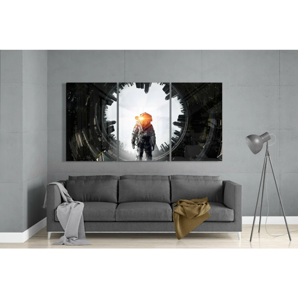 Futuristic Astronaut Glass Wall Art Triptych Canvas Print | Modern Wall Art Decor | vintageantiquesgifts.com