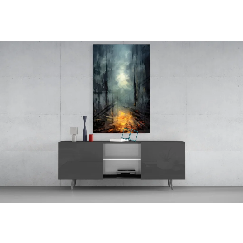 Moody forest path abstract wall art canvas with orange glow