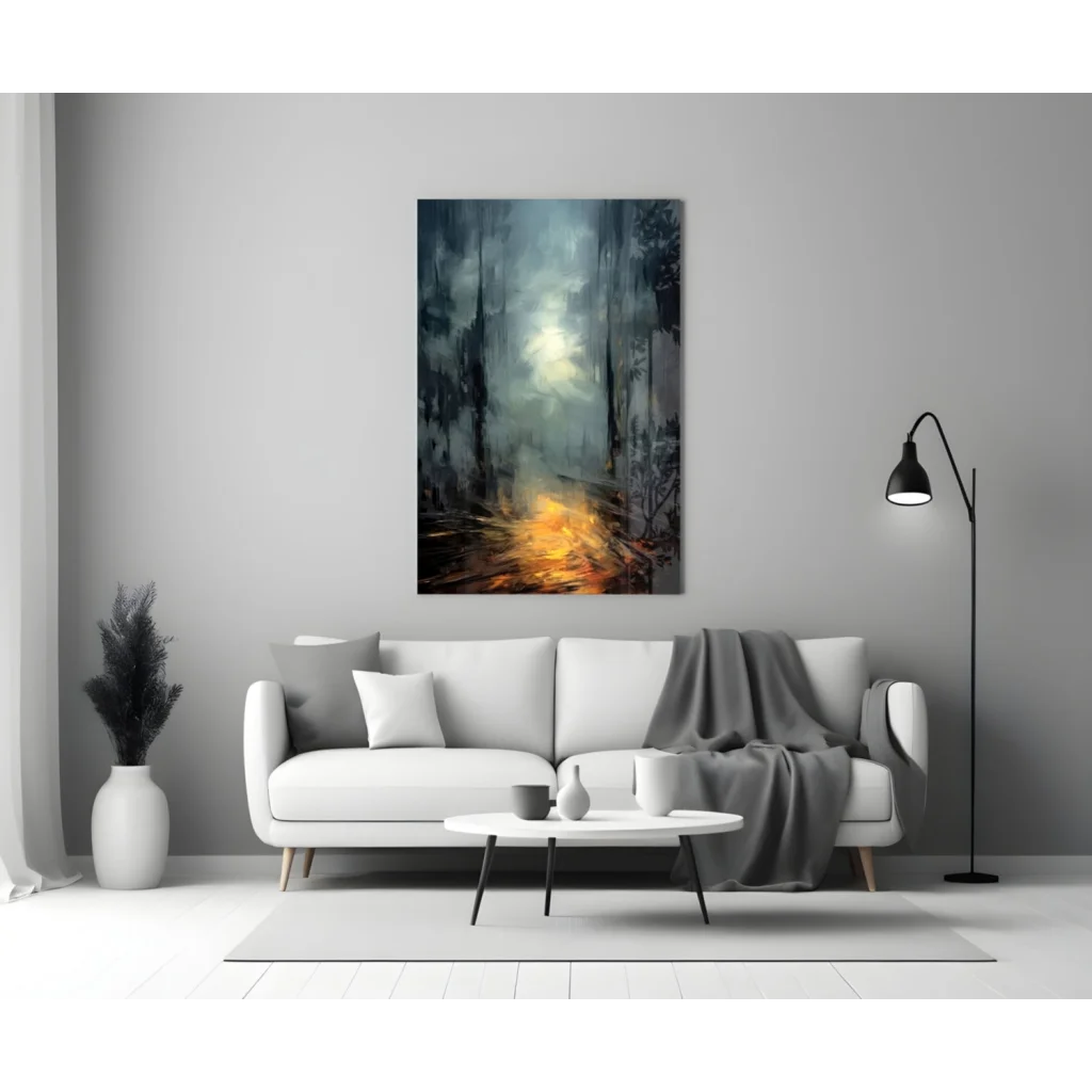 Moody forest path abstract wall art with orange glow above sofa