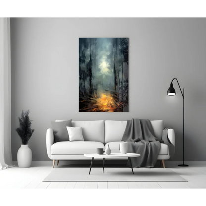 Moody forest path abstract wall art with orange glow above sofa