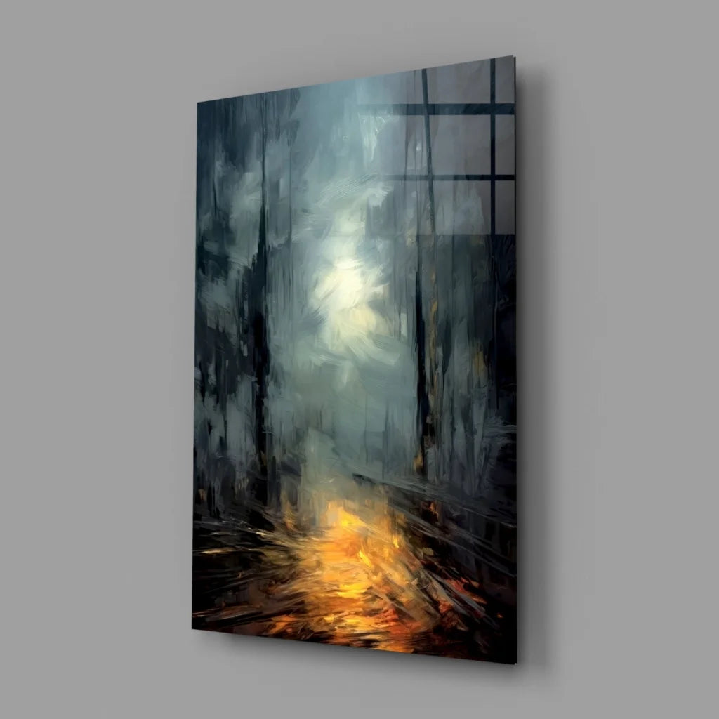 Moody urban forest path wall art canvas with orange glow on wet pavement