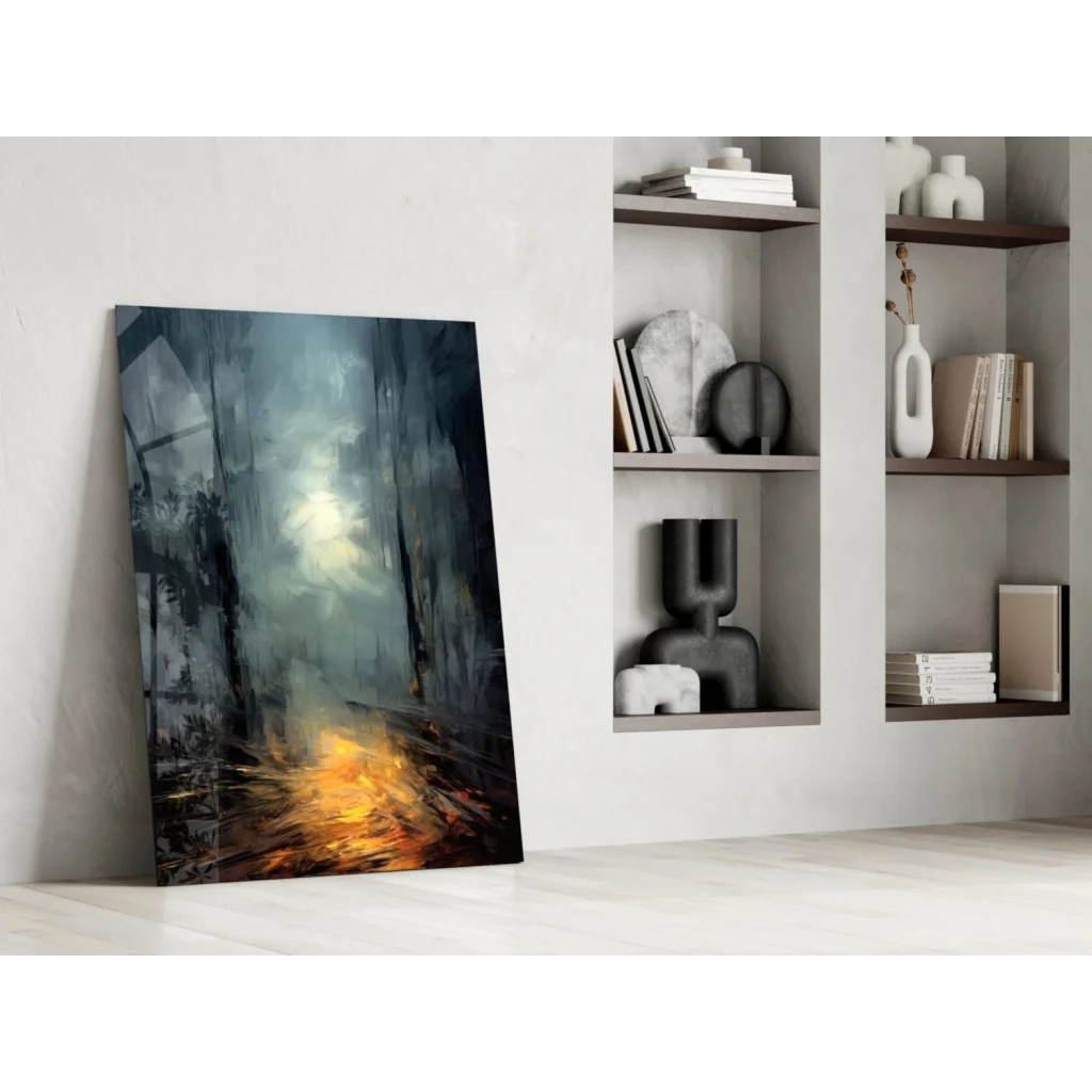 Moody forest path abstract canvas wall art with orange glow