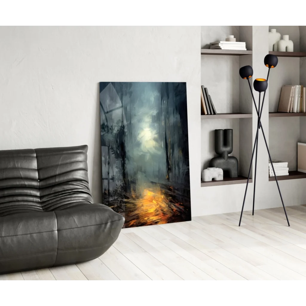Moody forest path abstract canvas wall art with orange glow