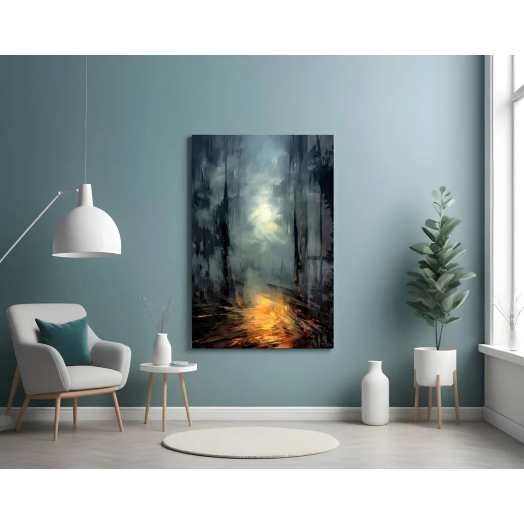 Glowing orange path through misty dark trees in moody forest wall art