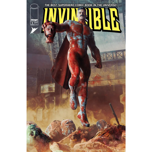 Invincible 1 reprint comic cover features muscular superhero in red and blue costume with blood splatters bjorn barends exclusive