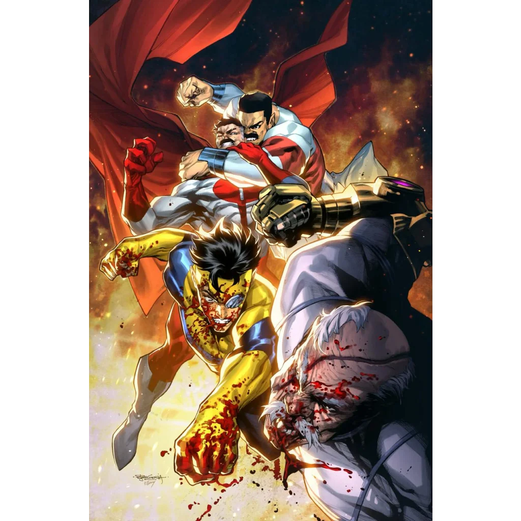 A dynamic comic book cover of Invincible #1 by Stephen Segovia featuring three superheroes mid-battle with red cape white suit yellow blue armor and dark gray attire