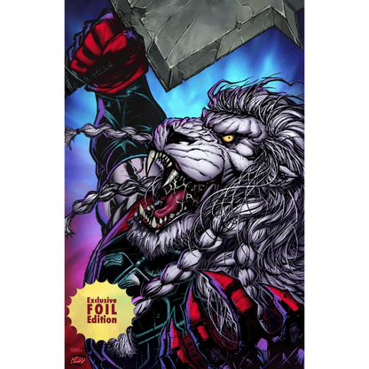 Comic book cover of a fierce lion-like creature wielding a hammer from Battle Beast #4 Franck Uzan Variant Foil featuring Uzan variant art