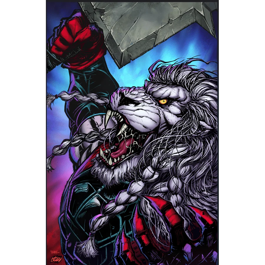 Battle Beast Franck Uzan Variant foil comic: fierce lion creature with armor and hammer