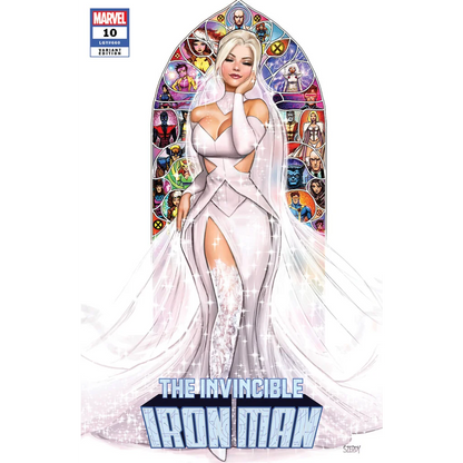 Comic book cover featuring Emma Frost in a wedding dress from Invincible Iron Man by Nathan Szerdy