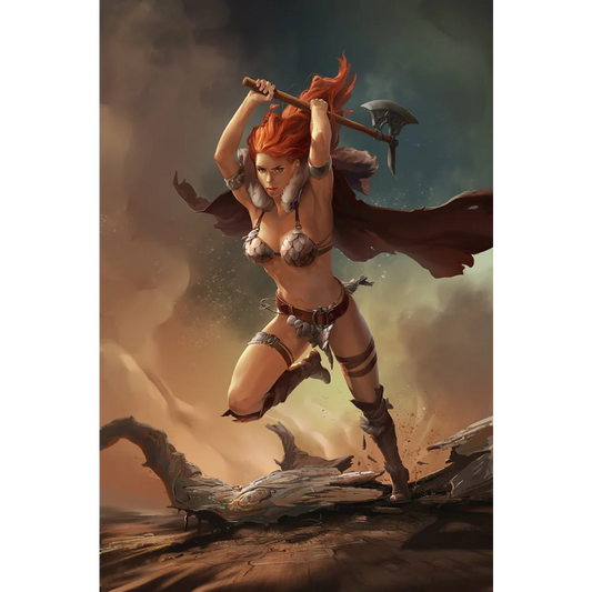 Fierce Red Sonja barbarian warrior with axe on Invincible Red Sonja print book cover