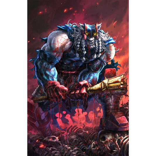 A muscular blue battle beast with white braided hair wields a golden hammer in invincible universe battle #9