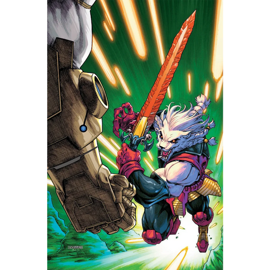 A fierce white-furred warrior in black and red armor wields a glowing orange sword against a massive armored hand in invincible universe battle beast #9 creees exclusive variant