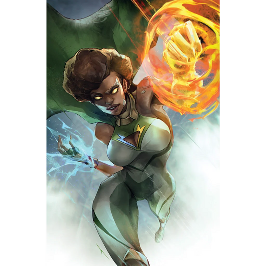 A dynamic superhero in a sleek green and white invincible universe capes suit wielding fiery and icy powers by mark englert