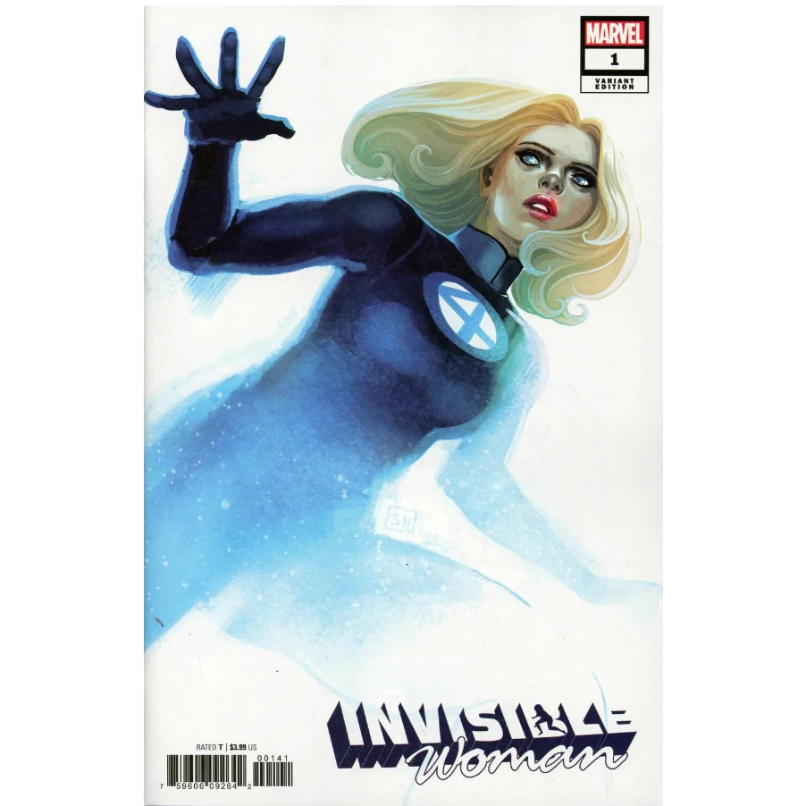 Invisible Woman #1 comic cover by Hans Var in blue and white suit