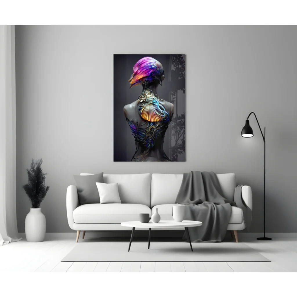 Vibrant iridescent purple fantasy figure on glass wall art canvas
