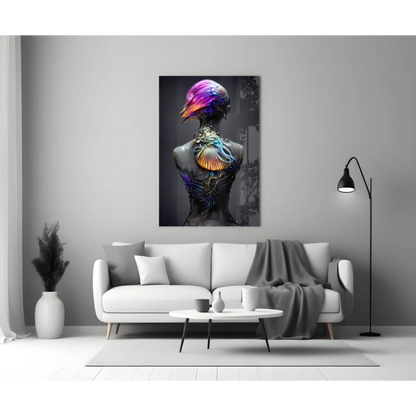 Vibrant iridescent purple fantasy figure on glass wall art canvas
