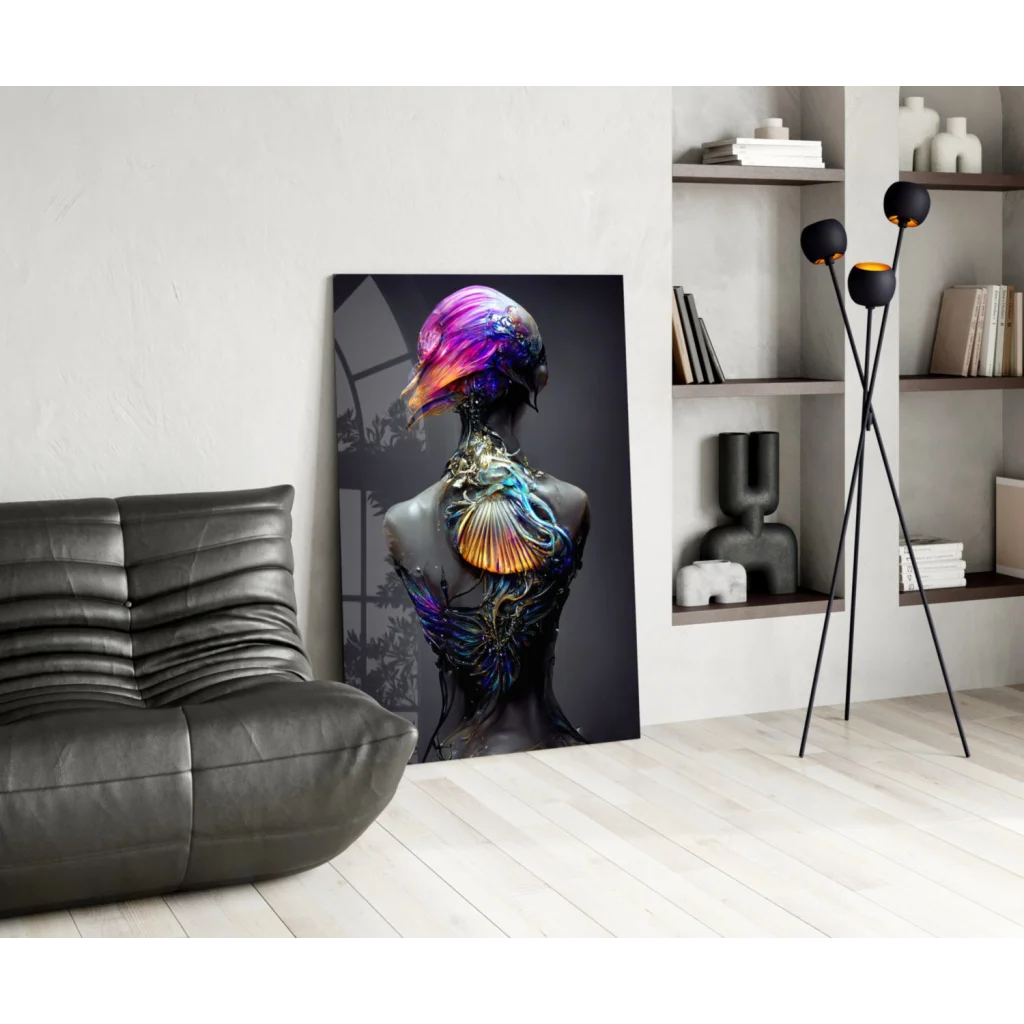 Iridescent purple fantasy figure on glass wall art canvas