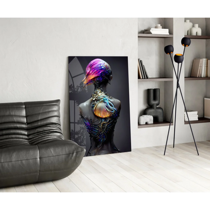 Iridescent purple fantasy figure on glass wall art canvas