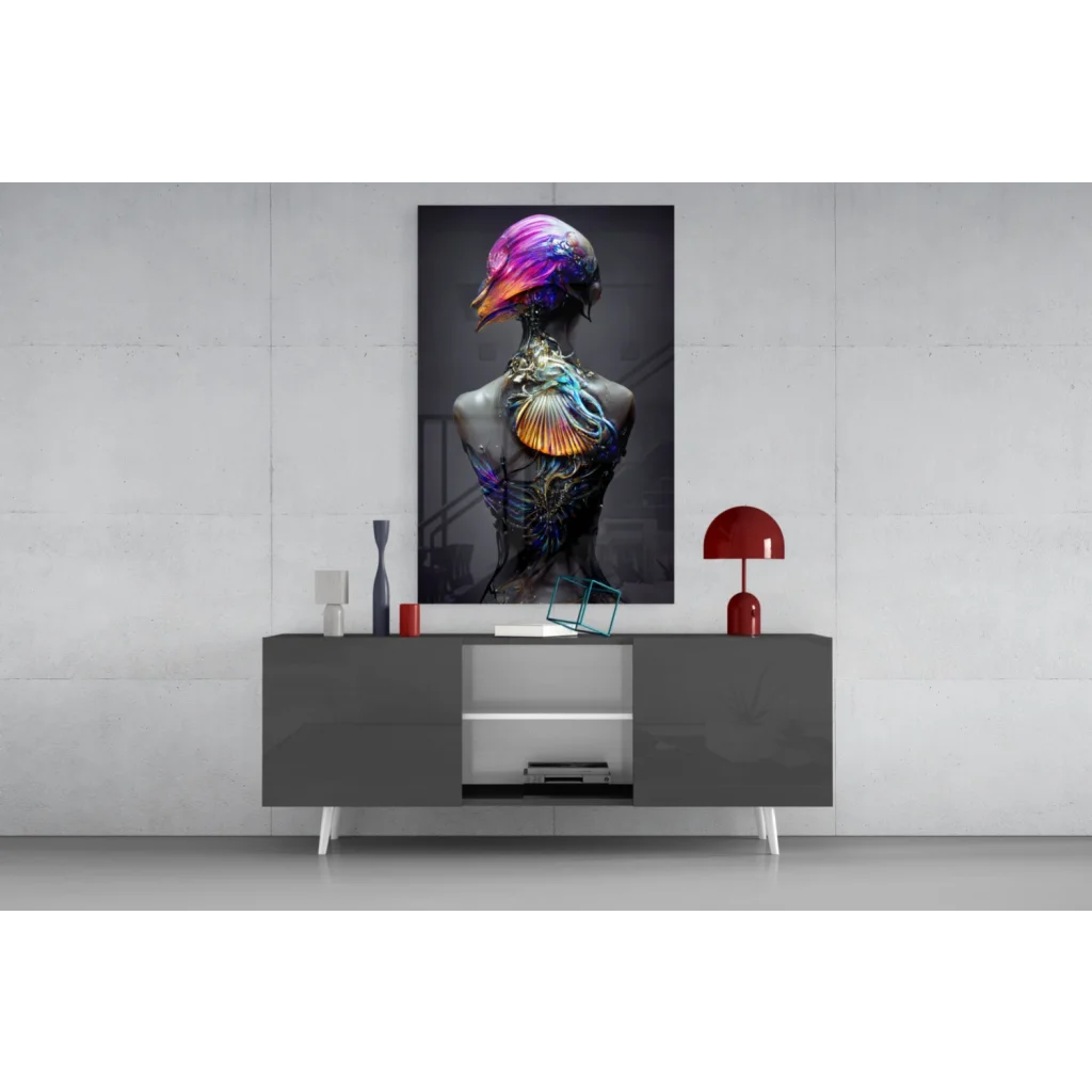 Vibrant iridescent purple fantasy figure glass wall art canvas portrait