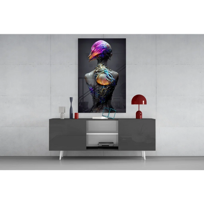 Vibrant iridescent purple fantasy figure glass wall art canvas portrait