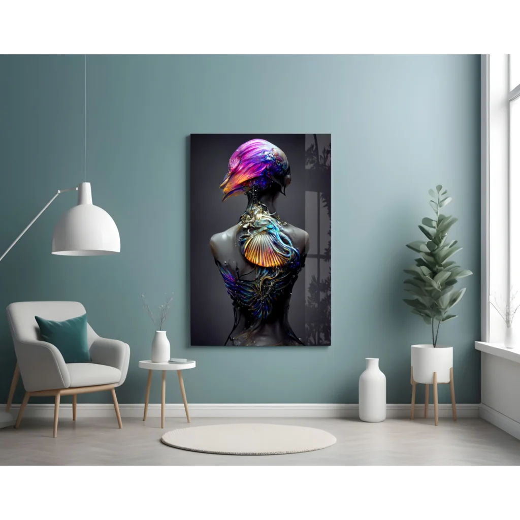 Vibrant iridescent purple fantasy figure glass wall art canvas print