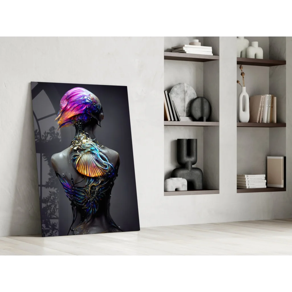Vibrant iridescent purple fantasy figure glass wall art canvas print